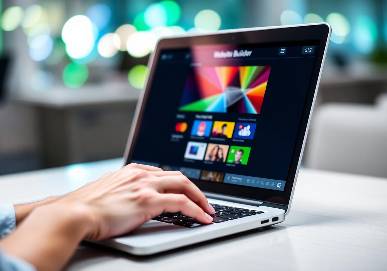 Mãos digitando em laptop com construtor de sites