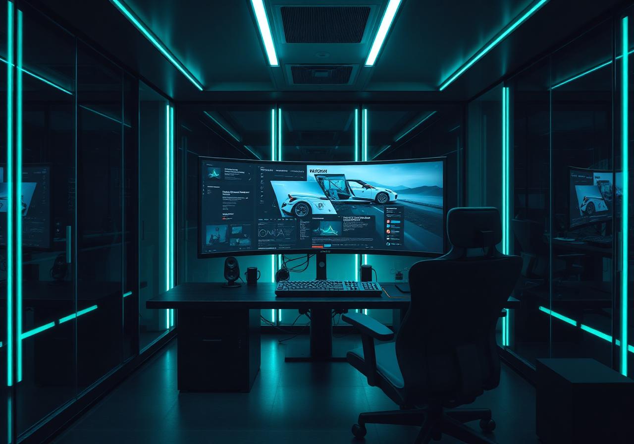 Escritório moderno com monitor ultrawide e iluminação LED