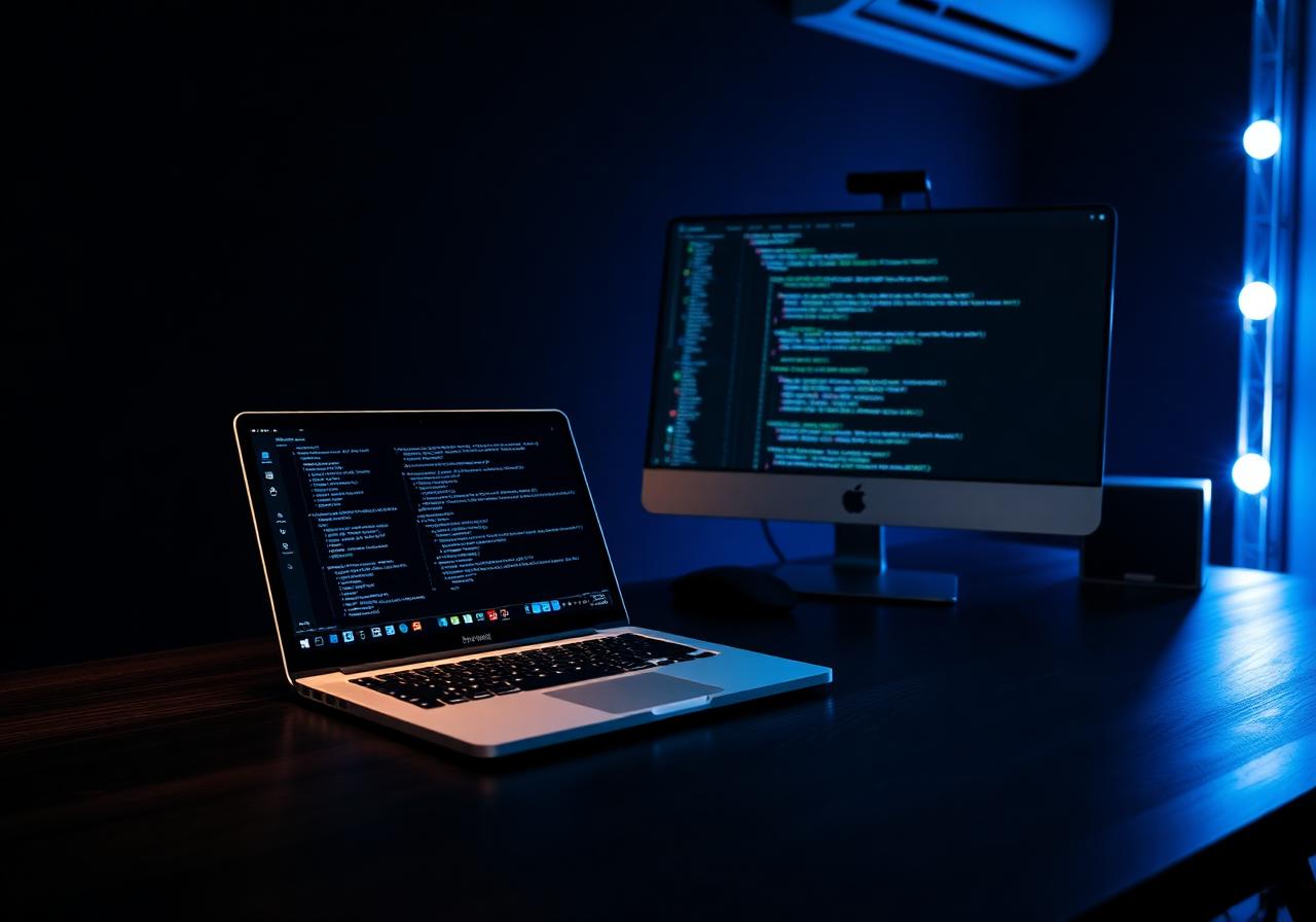 Setup de desenvolvimento com laptop e monitor